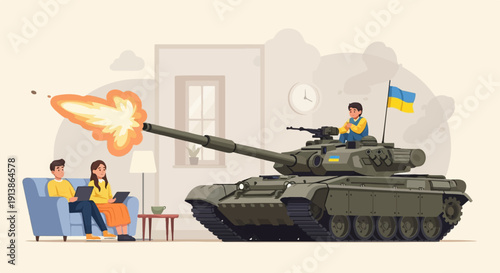 Tank fires inside a room where people sit calmly on a sofa