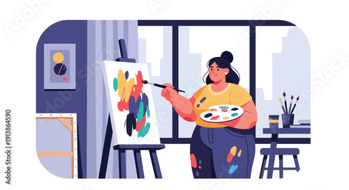 Flat vector illustration of plus size woman painting in art studio, expressing creativity, self confidence, body positivity, and artistic lifestyle empowerment