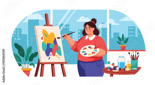 Flat vector illustration of plus size woman painting in art studio, expressing creativity, self confidence, body positivity, and artistic lifestyle empowerment