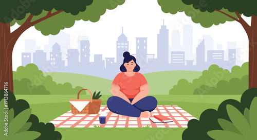 Modern flat vector illustration of plus size woman enjoying picnic in park, celebrating joyful lifestyle, body positivity, friendship, and outdoor happiness concept
