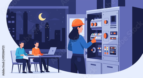 Technician adjusts control panel at night with colleagues working on laptop nearby