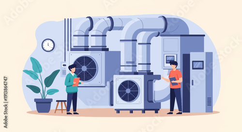 Technicians inspecting large industrial air conditioning units and pipes