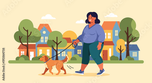 Modern flat vector illustration of plus size woman walking dog in neighborhood park, celebrating active lifestyle, body confidence, and everyday happiness