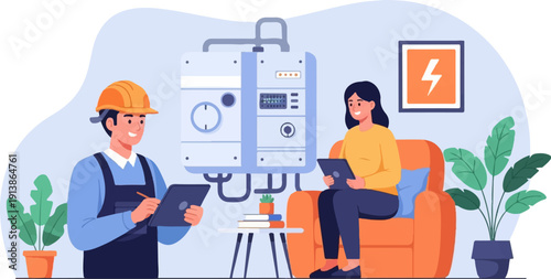 Technician checks heating unit with homeowner in cozy living room