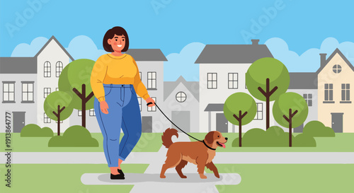 Modern flat vector illustration of plus size woman walking dog in neighborhood park, celebrating active lifestyle, body confidence, and everyday happiness