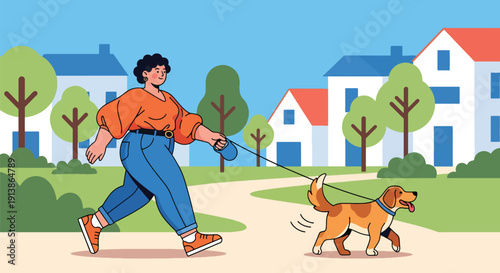 Modern flat vector illustration of plus size woman walking dog in neighborhood park, celebrating active lifestyle, body confidence, and everyday happiness