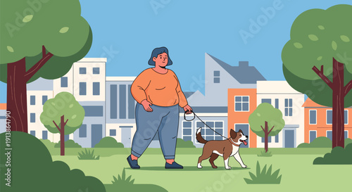 Modern flat vector illustration of plus size woman walking dog in neighborhood park, celebrating active lifestyle, body confidence, and everyday happiness