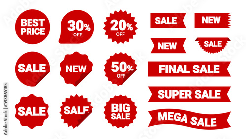 Red Promotion Sticker and Sale Label Collection Vector Set with Discount Badge, Ribbon Banner, Price Tag and Retail Marketing Elements