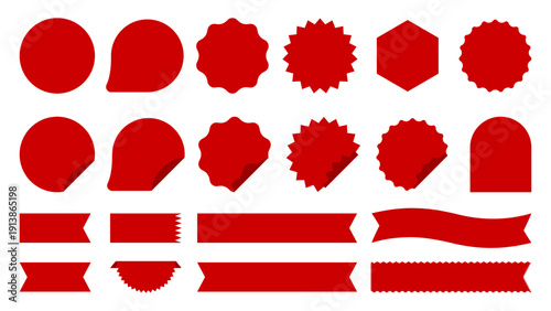 Red Label Sticker and Sale Badge Collection Vector Set with Ribbon Banner, Round Seal, Price Tag Shape for Promotion and Discount Design