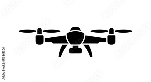 Drone silhouette with four propellers and camera.