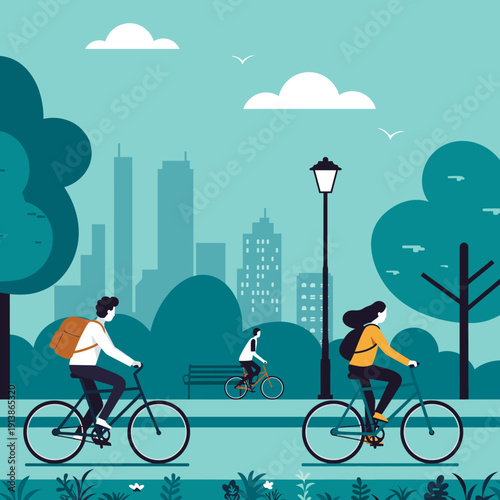 Flat design illustration of people cycling in a city park with a modern skyline in the background, depicting a healthy and active urban lifestyle.