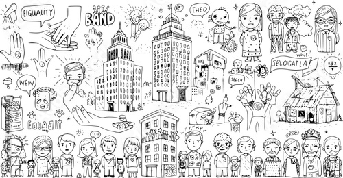 Hand-Drawn Doodle Collection: Diverse People, Society, Urban  Rural Life, and Social Concepts.