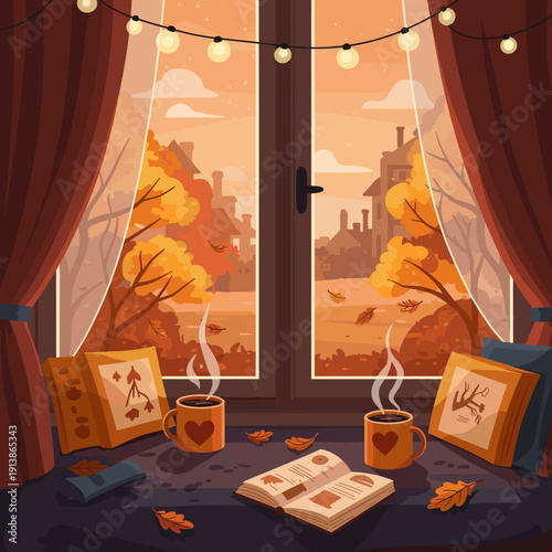 Cozy autumn window scene with steaming mugs, an open book, and string lights, overlooking a vibrant fall landscape with colorful trees and distant houses.