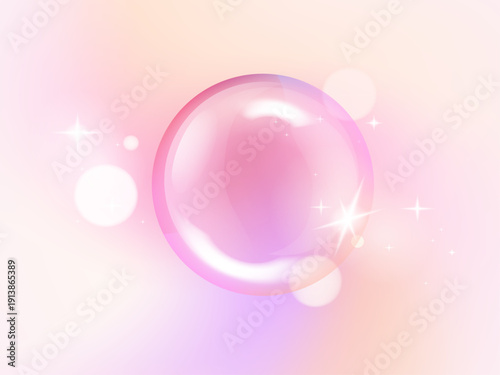Abstract 3D glass sphere Minimalist on holographic pastel gradient background with sparkling stars.