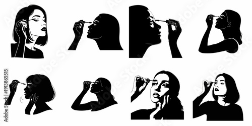 Collection of black and white silhouettes and illustrations depicting young women applying mascara for beauty, cosmetics, and makeup routines.