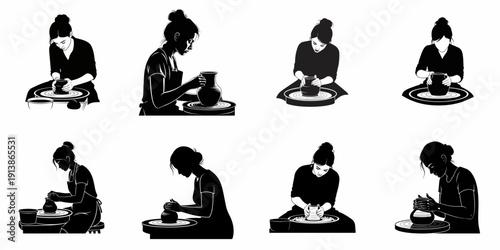 Black and white vector set of female ceramic artists working on a pottery wheel, featuring silhouettes and various poses of concentration and craftsmanship.