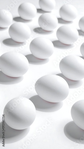 Close-up of multiple white spheres arranged on a white surface, with light casting shadows. Simple and clean