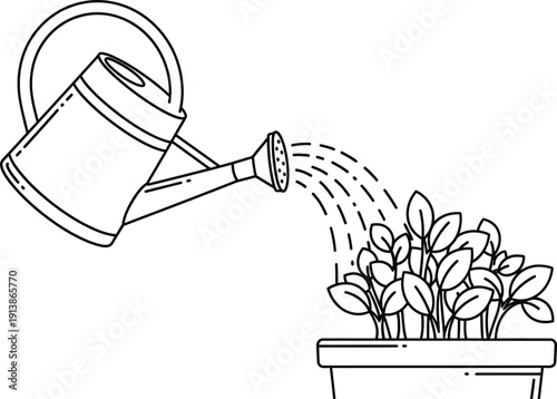 Simple black and white line art illustration depicting a watering can gently nourishing newly sprouted seedlings growing inside a small rectangular garden planter pot