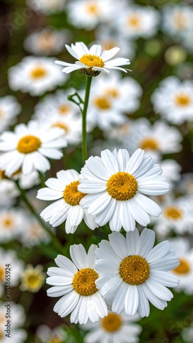Close-up of multiple white and yellow daisies in varying focus, creating a blurred background. Petals are prominent