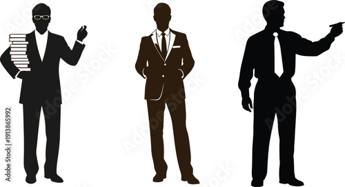 Three businessmen in suits with different poses and expressions