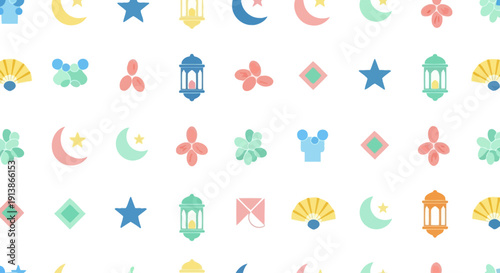 Ramadan Celebration Icons in Pastel Colors on White Background Illustrating Islamic Festive Symbols