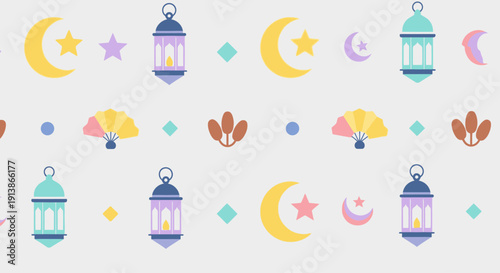 Celebrating Ramadan with festive lanterns, crescent moons, and stars in a vibrant pattern