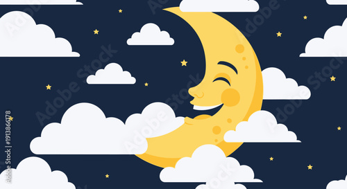 Celebrating Ramadan under a serene night sky with a smiling crescent moon surrounded by clouds and stars