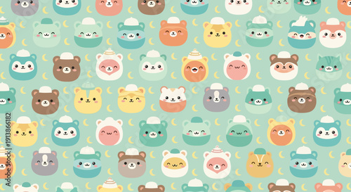 Celebrating Ramadan with diverse cartoon animals wearing hats in a festive pattern