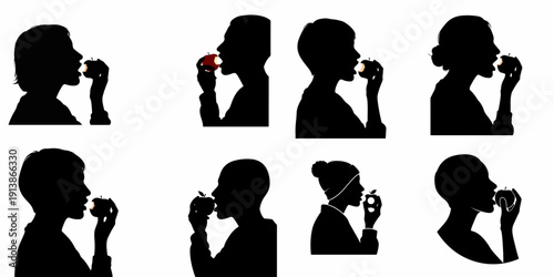 Collection of eight black silhouettes showing men and women in profile eating fresh red apples, emphasizing healthy lifestyle and nutrition.