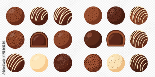 Set of delicious chocolate truffles with various toppings and fillings, perfect for confectionery designs.