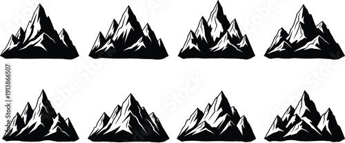 Mountain silhouette set collection, black and white alpine peak logos isolated on white background nature vector illustration bundle