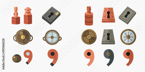Set of cartoonish game icons including totems, keyholes, shields, and punctuation marks.