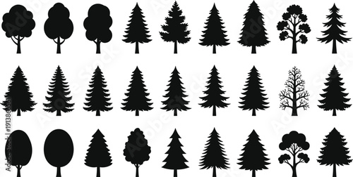 Tree Silhouettes Collection Vector Set, Various Forest Pine and Deciduous Trees Isolated Black Nature Icons