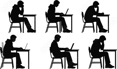 Student studying and working on laptop silhouette set, focused person sitting at desk learning writing and typing illustration