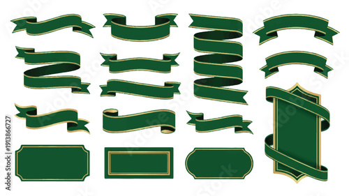 Collection of blank dark green banners with gold trim, perfect for graphic design and decorative purposes