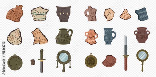 Ancient archaeological artifacts set, historical objects, pottery shards, and old tools collection.