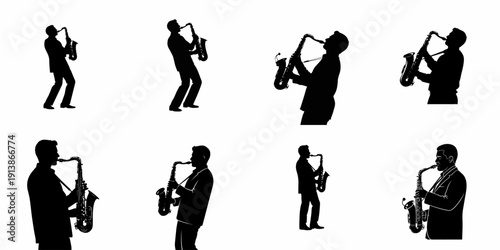 Silhouettes of jazz saxophone players performing in various dynamic poses, isolated black vector illustrations set on a white background.