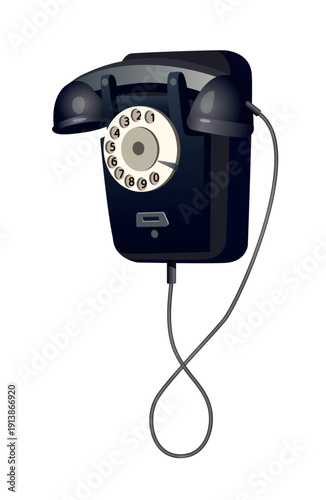 Old vintage wall-mounted rotary dial telephone. Vector.