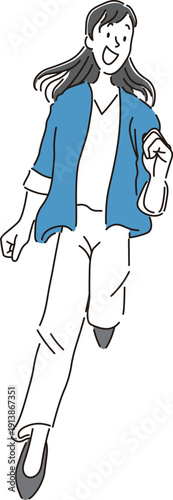 笑顔で走る私服を着た女性の全身のシンプルな手書き風イラスト素材
