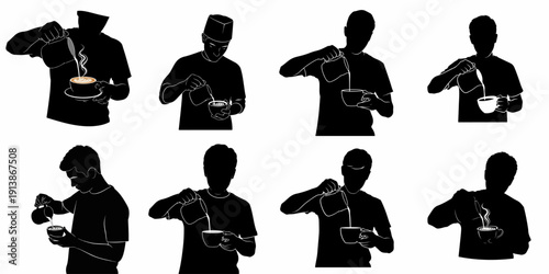 Silhouette collection of baristas making coffee and pouring latte art, illustrating professional craftsmanship and various brewing techniques.
