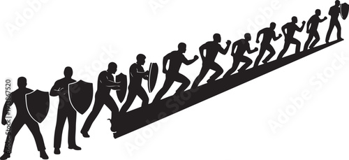 Business people running up a steep incline together forward