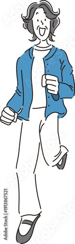 笑顔で走るシニア女性の全身のシンプルな手書き風イラスト素材