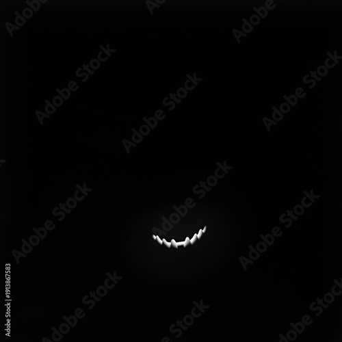 Sinister grin in shadowy darkness, eerie smiling face obscured by shadows, creepy smile in low light, haunting smile emerging from darkness, unsettling face in black and white