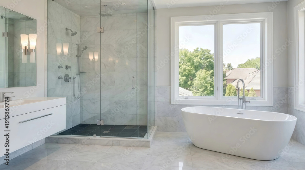 Fototapeta premium Interior of modern white bathroom with glass shower cabin and white bathtub near window with bright daylight style