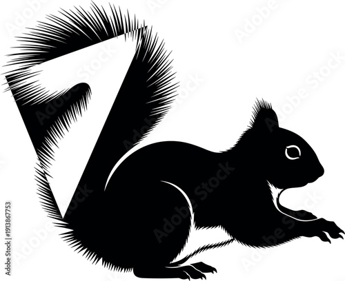 Black squirrel silhouette vector illustration, number seven design, wildlife art, bushy tail detail, creative typography animal graphic, forest nature profile