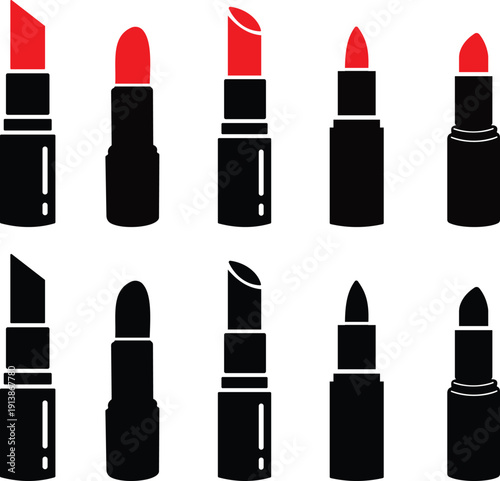 Lipstick vector icons set, cosmetic makeup silhouette and outline collection, beauty fashion symbol group isolated on transparent background for branding and salon design
