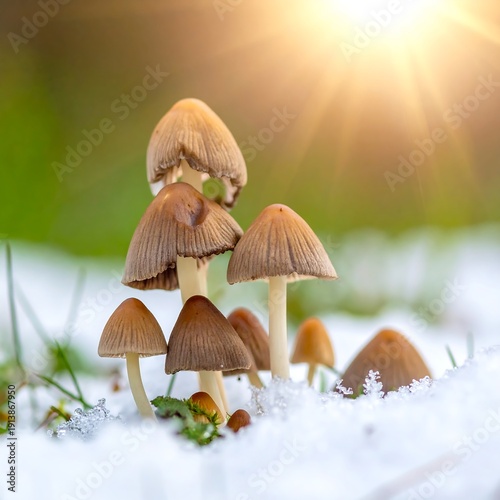 Close-up of mushrooms growing in snow, captured in natural light with a blurred green background