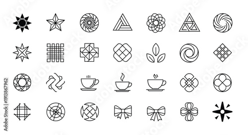 Minimalist line icon set featuring geometric shapes, celestial stars, floral patterns, coffee cups, and abstract symbols for modern brand identity and web design.