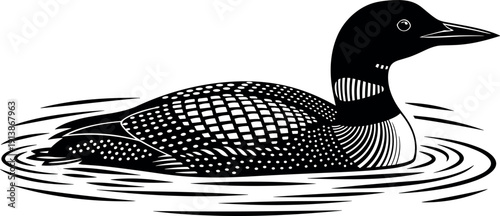 Common loon swimming vector illustration, black and white bird art, wildlife waterfowl design, rippling water detail, nature silhouette graphic