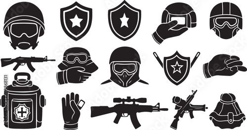Military Icons and Symbols in Black and White Color